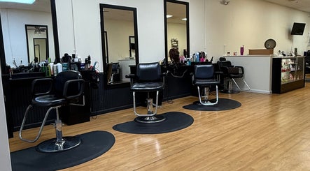 Modern salon chairs and mirrors at Valeria’s Beauty Studio, Kennesaw, Georgia, US.