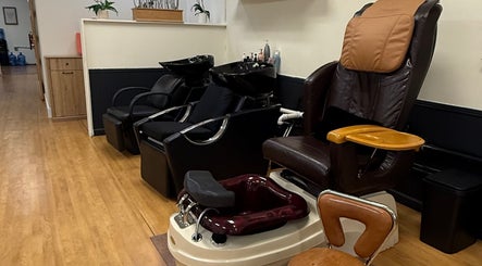 Relaxing pedicure and shampoo chairs at Valeria’s Beauty Studio, Kennesaw, Georgia, US.