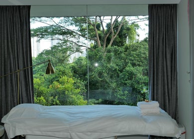 Peaceful treatment room at Reverie On Hill, Singapore, SG, with lush green views for relaxation.