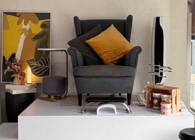 Elegant relaxation corner at BEEQNAILS & LASH STUDIO in Petaling Jaya, Selangor, MY with modern decor.