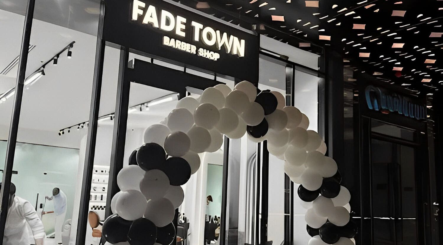 Fadetown barber shop entrance with balloon arch in Riyadh, Riyadh Province, SA.