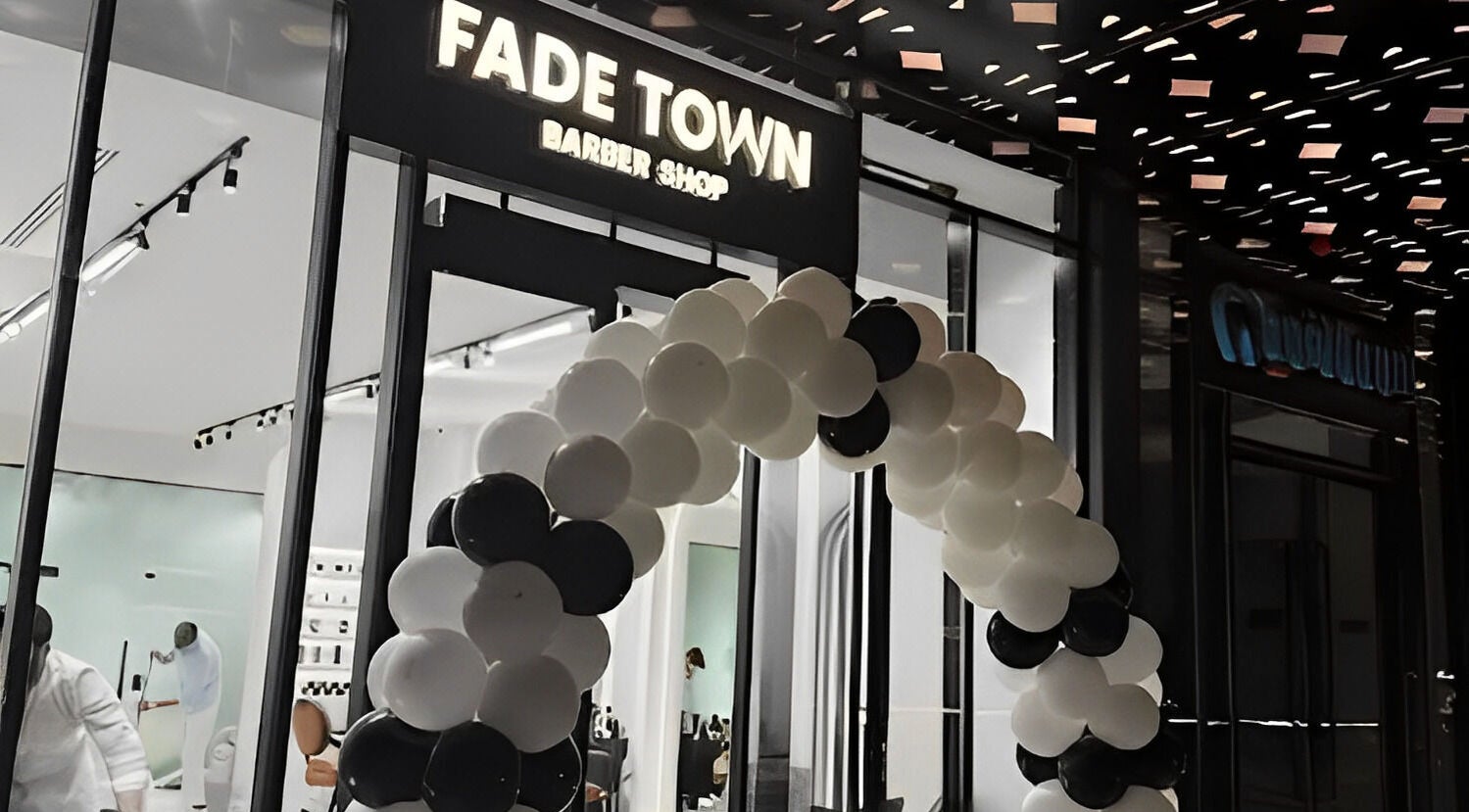 Fadetown barber shop entrance with balloon arch in Riyadh, Riyadh Province, SA.