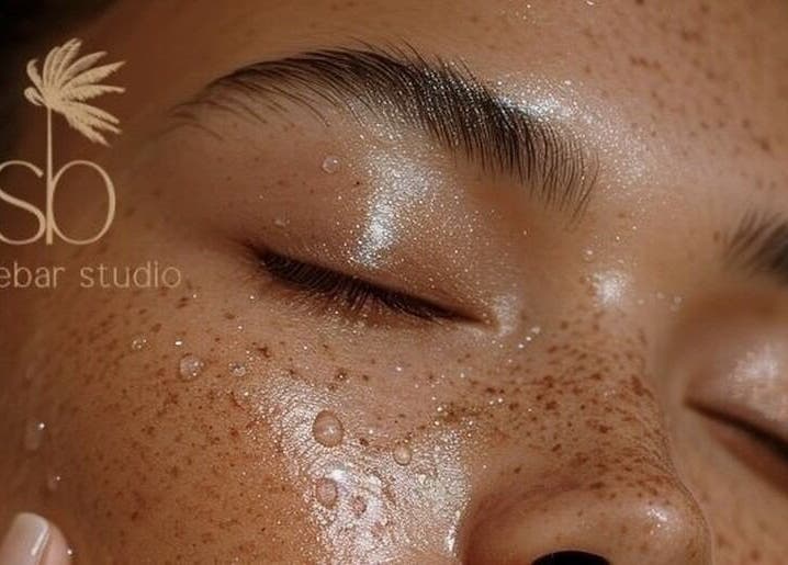 Close-up of a serene face with dewy skin at Stylebar Studio, West Bay, KY.