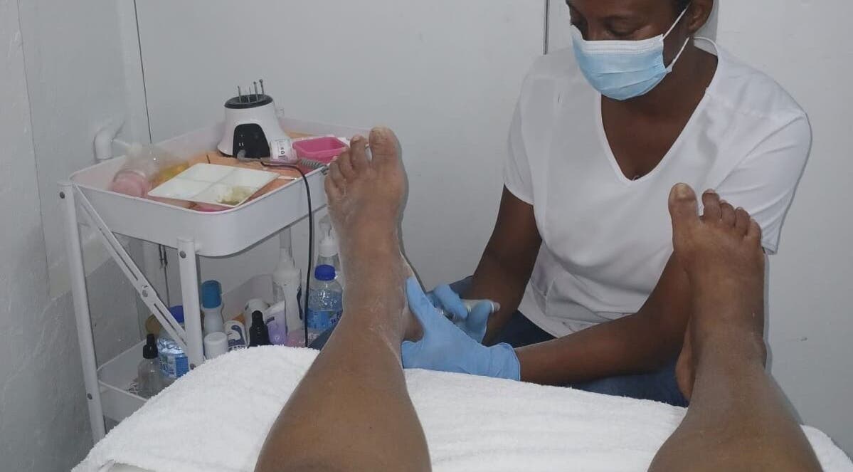 Customer receiving foot treatment at Fingers2toes Beauty Salon, Christ Church, Christ Church, BB.