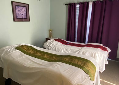 Relaxing massage room at LV Thai Massage & Spa, Las Vegas, Nevada, US, featuring dual massage tables.