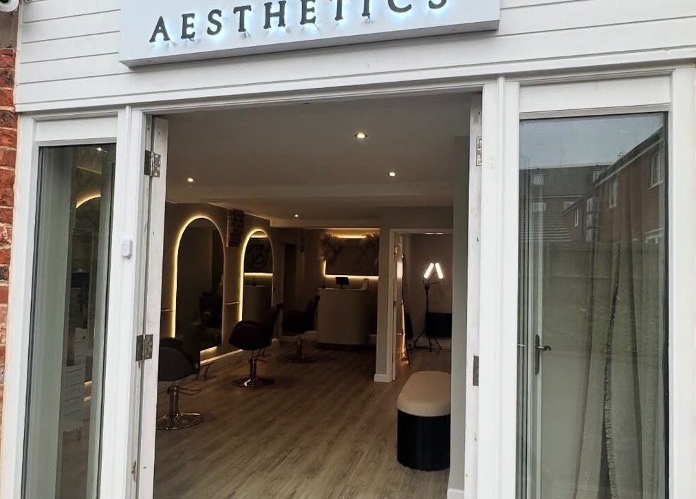 Open entrance of Blushed Bykyra showcasing modern aesthetics in Upton, England, GB.
