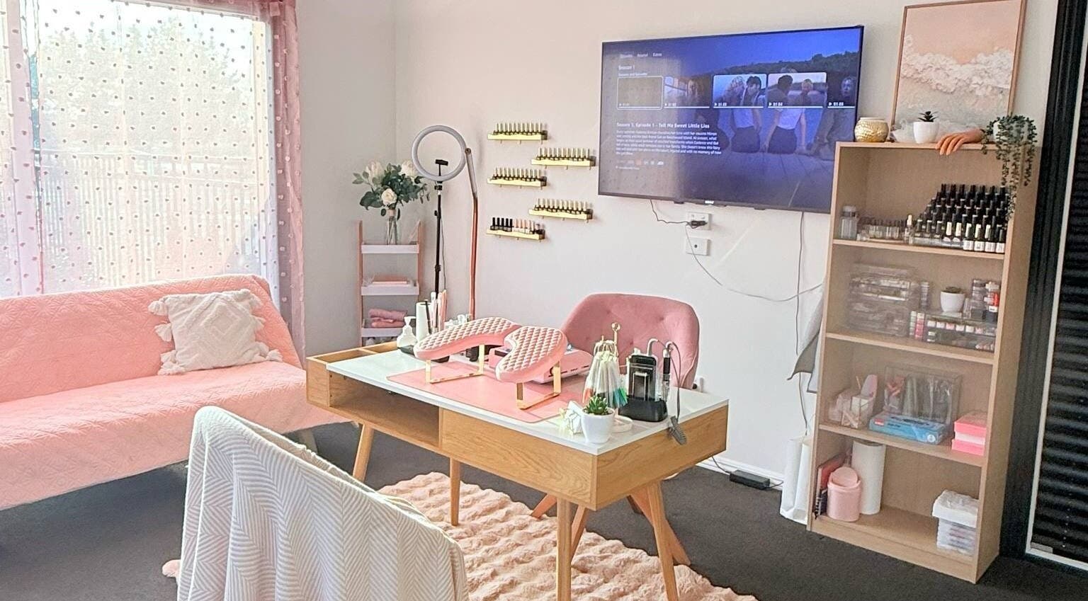 Chic interior of I Nailed It, By Sarah in Rangiora, Canterbury Region, NZ, showcasing a stylish nail salon.