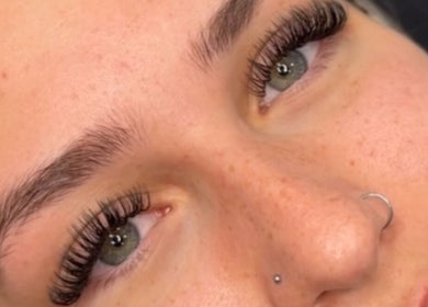 Close-up of stylish eyelash extensions at Lashes By Lucie, Watford, England, GB.