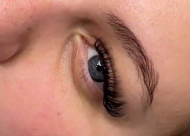 Close-up of expertly done eyelash extensions at Lashes By Lucie, Watford, England, GB.