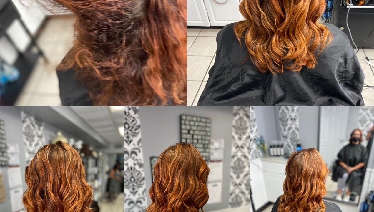 Glam on the go salon in US showcasing stunning hair transformation with vibrant copper waves.