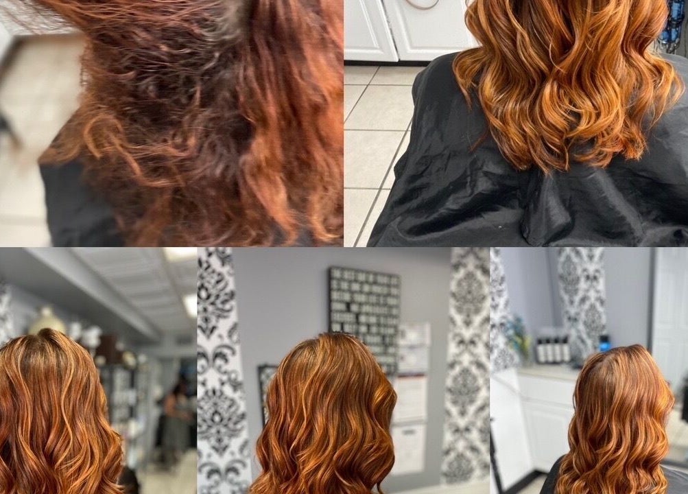 Glam on the go salon in US showcasing stunning hair transformation with vibrant copper waves.