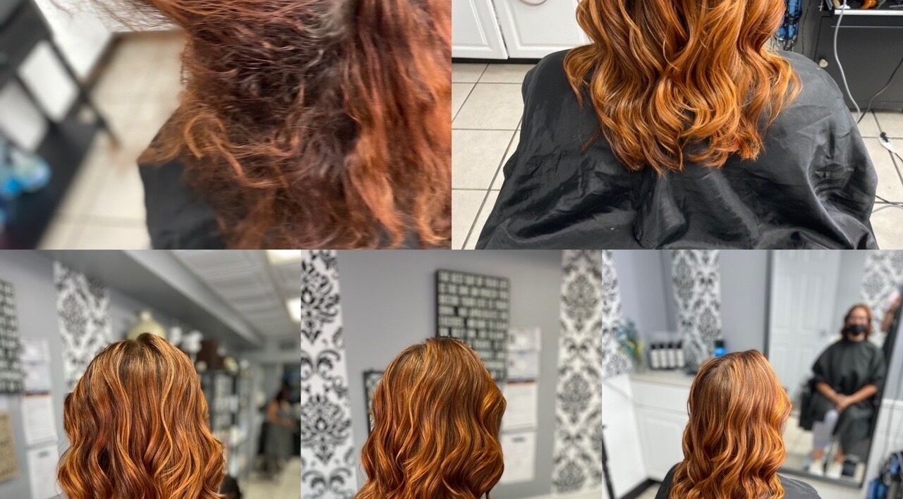 Glam on the go salon in US showcasing stunning hair transformation with vibrant copper waves.