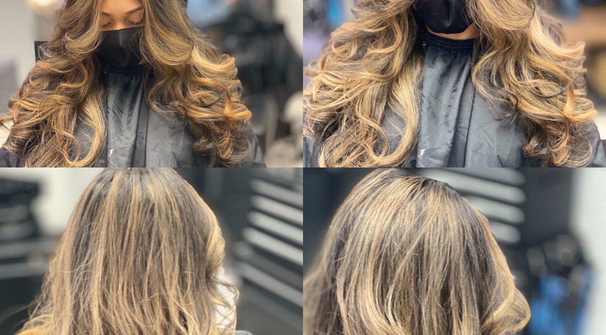 Stylish wavy hairstyle with highlights at Glam on the go, US. Perfect for a chic transformation.