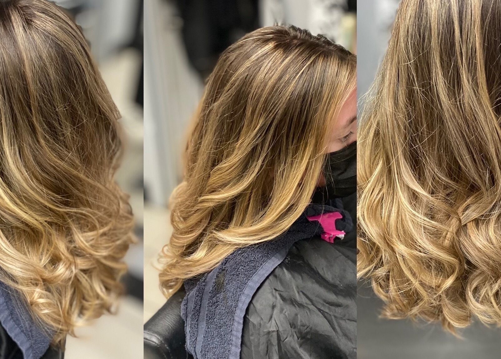 Blonde balayage wavy hairstyle at Glam on the go in US, showcasing soft golden curls.