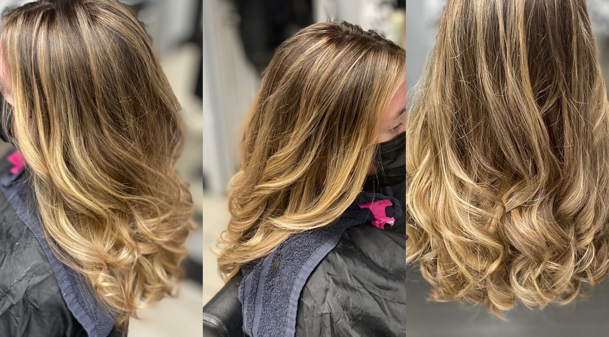 Blonde balayage wavy hairstyle at Glam on the go in US, showcasing soft golden curls.