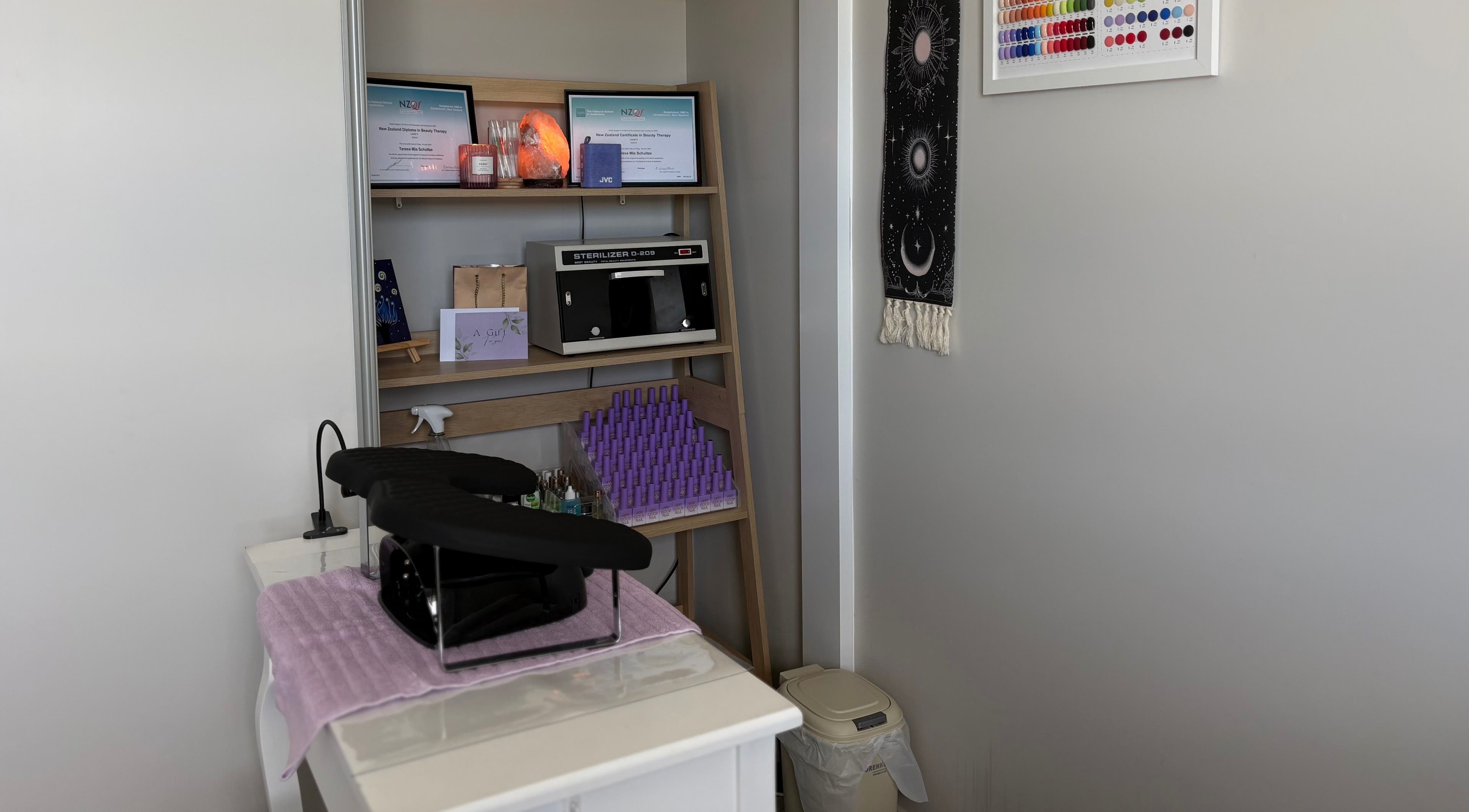 Therapy room corner at Glow Therapy - Beauty by Teresa, Woodend, Canterbury Region, NZ, with calming decor.