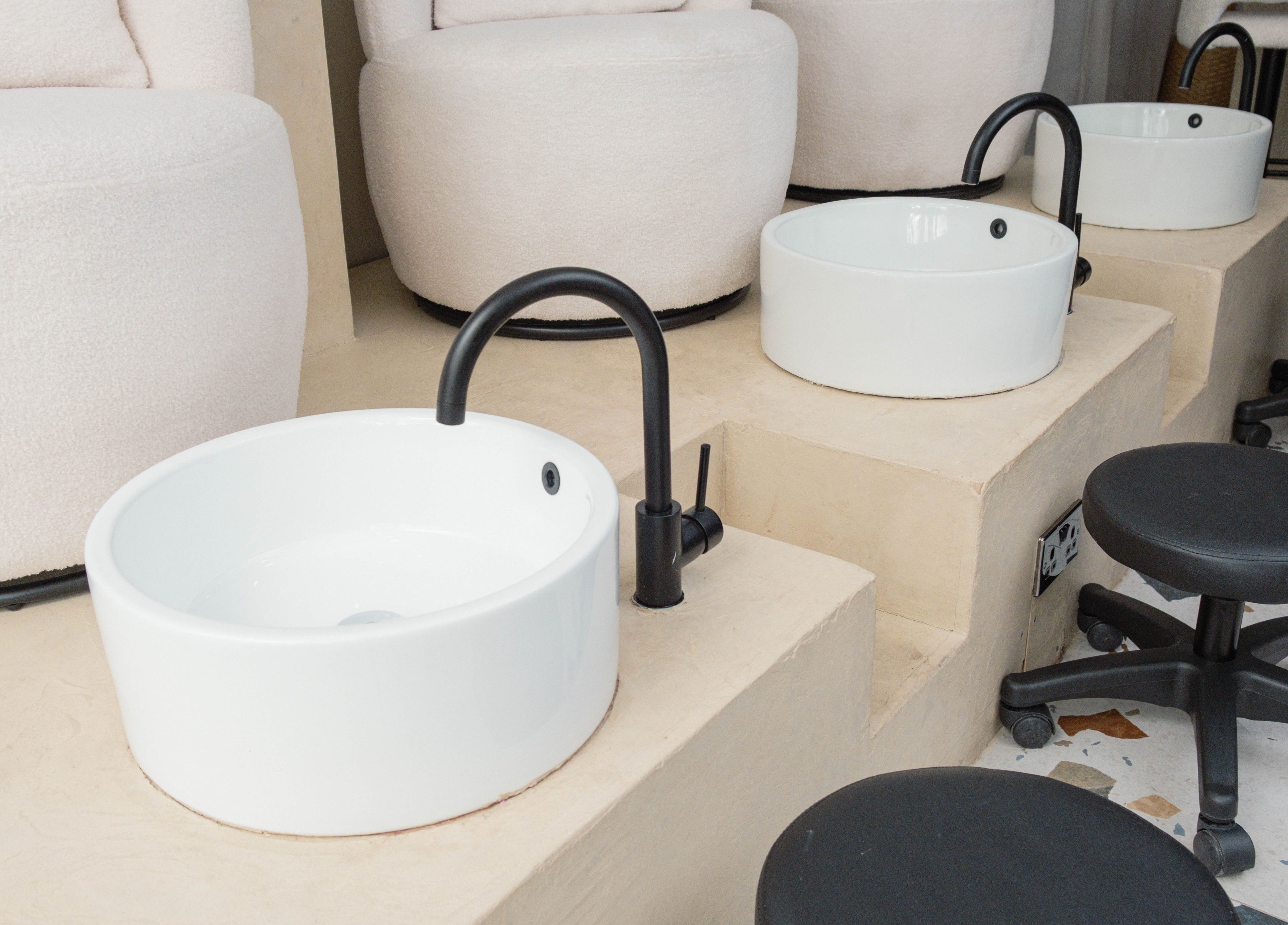 Chic pedicure chairs and basins at Awe London Shoreditch, London, England, GB.