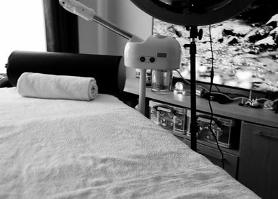 Massage bed setup at Aura Spa Studio (home), London, England, GB, offering relaxation and wellness services.