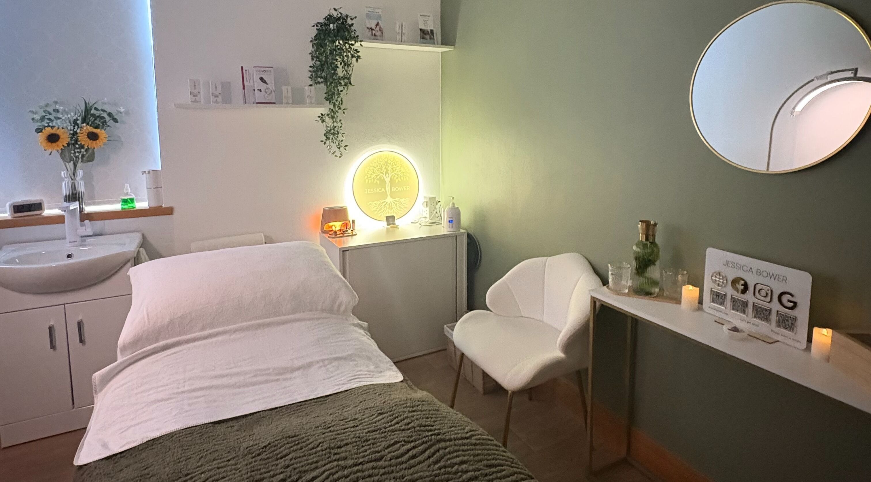 Relaxing treatment room at Jessica Bower Wellness in St Albans, England with cozy ambiance and modern decor.