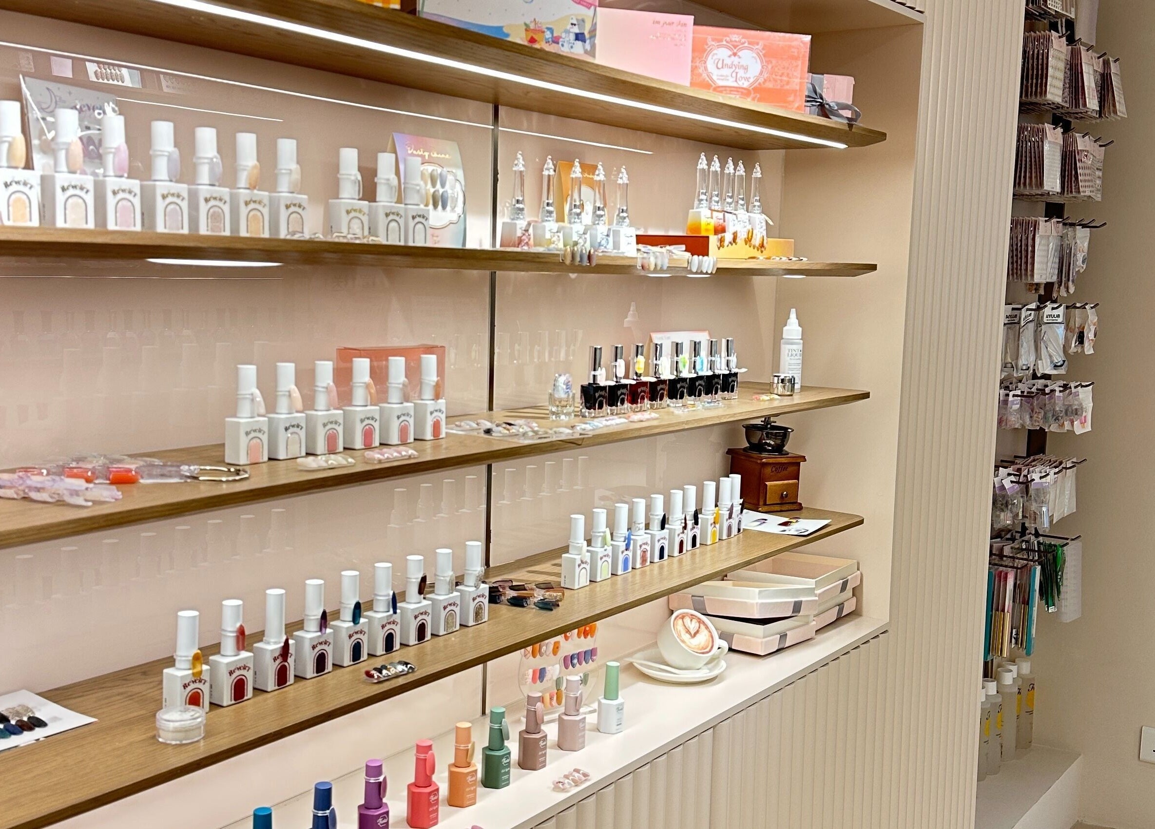Variety of nail polishes on display at Treasure Chest Nail Salon on Hong Kong Island, Hong Kong Island, HK.
