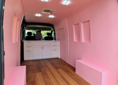 Inside view of The Mobile Lash and Brow Studio van with pink interior, Engadine, New South Wales, AU.