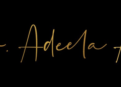 Elegant golden signature of Dr Adeela Afiz-Drury, Runciman, Auckland, NZ on a black background.