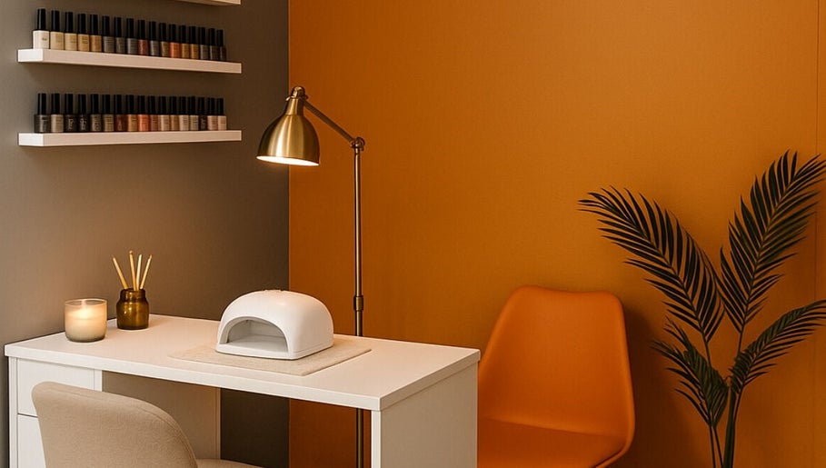 Elegant nail station at Shelby Marie Nail Artistry in Gorleston on Sea, England, GB, featuring polish shelves.