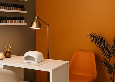 Elegant nail station at Shelby Marie Nail Artistry in Gorleston on Sea, England, GB, featuring polish shelves.