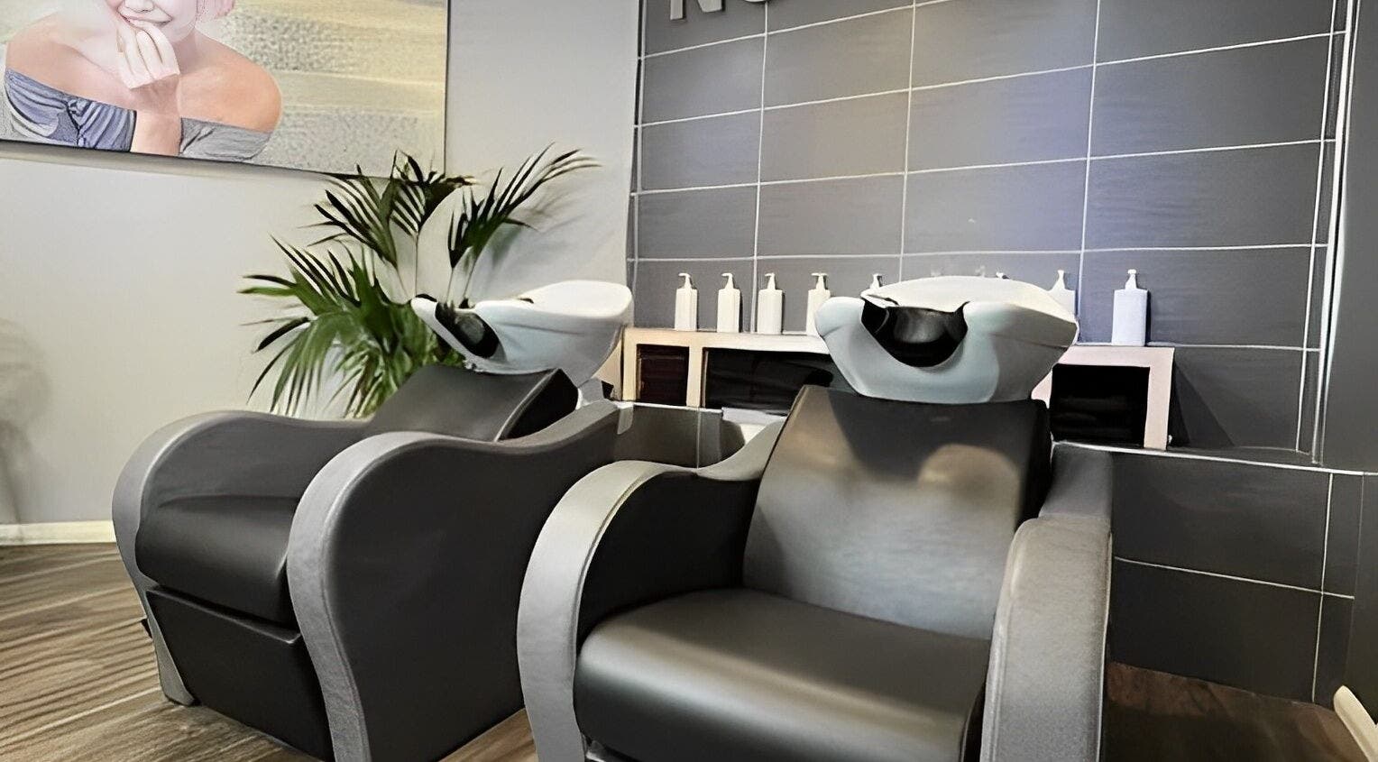 Modern salon wash station at Nutters in Exeter, England, GB with sleek design and plant decor.