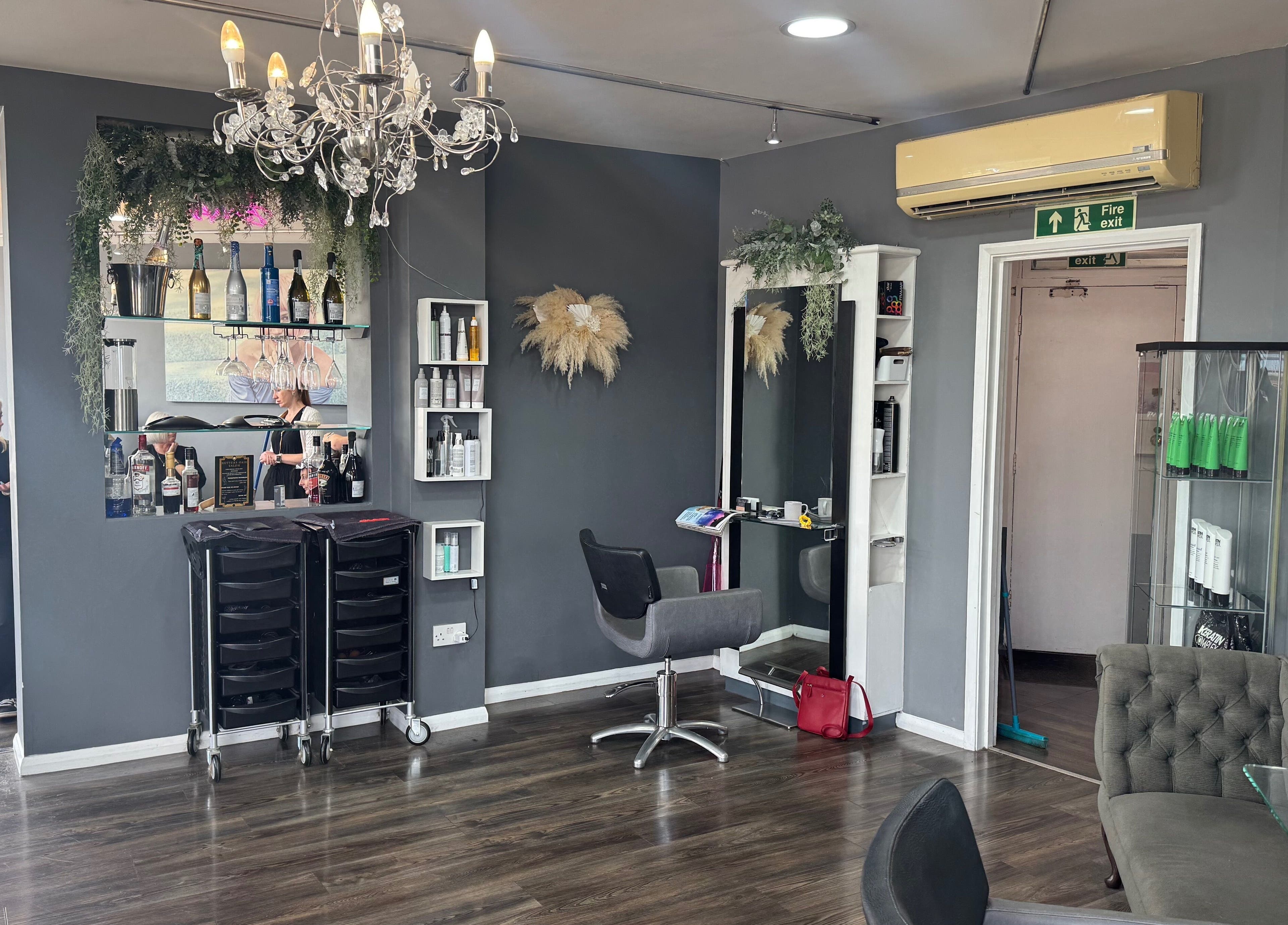 Stylish interior of Nutters salon in Exeter, England, GB with elegant decor and modern salon equipment.
