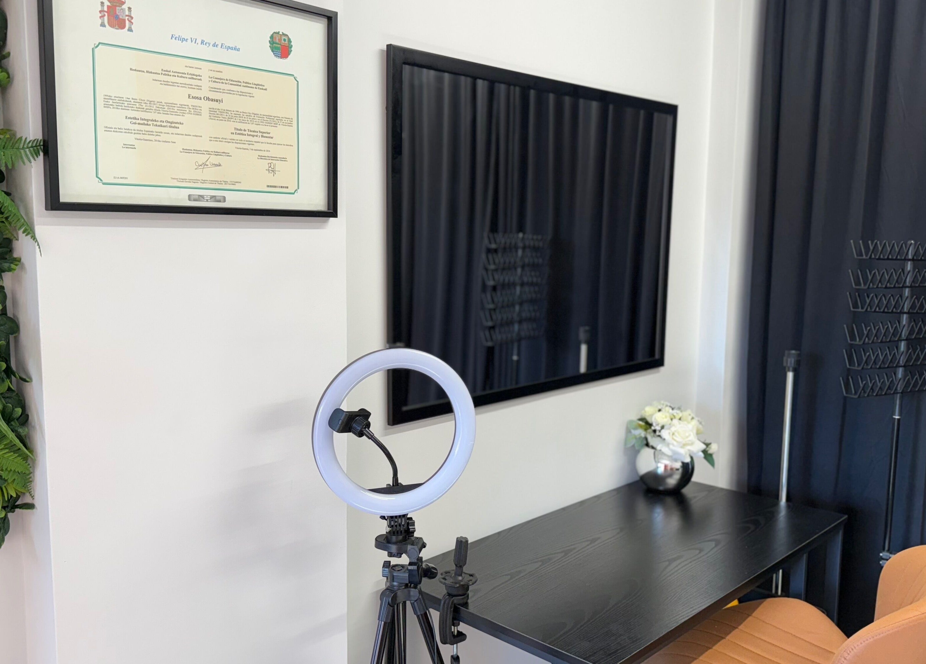 Chic beauty station at Serene S. Esthetics & Hair Lounge, Newport, Wales, GB with sleek decor and certification.