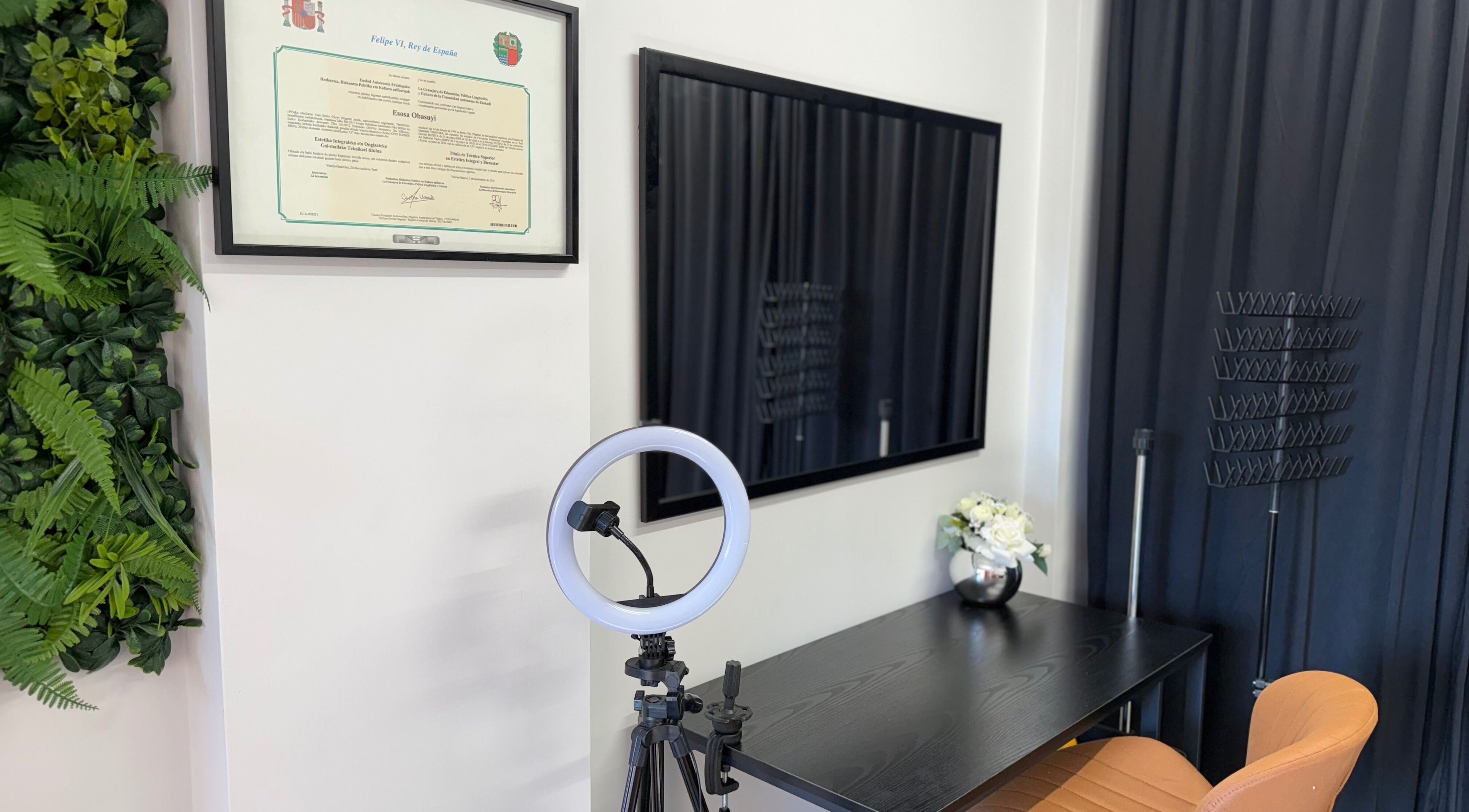 Chic beauty station at Serene S. Esthetics & Hair Lounge, Newport, Wales, GB with sleek decor and certification.