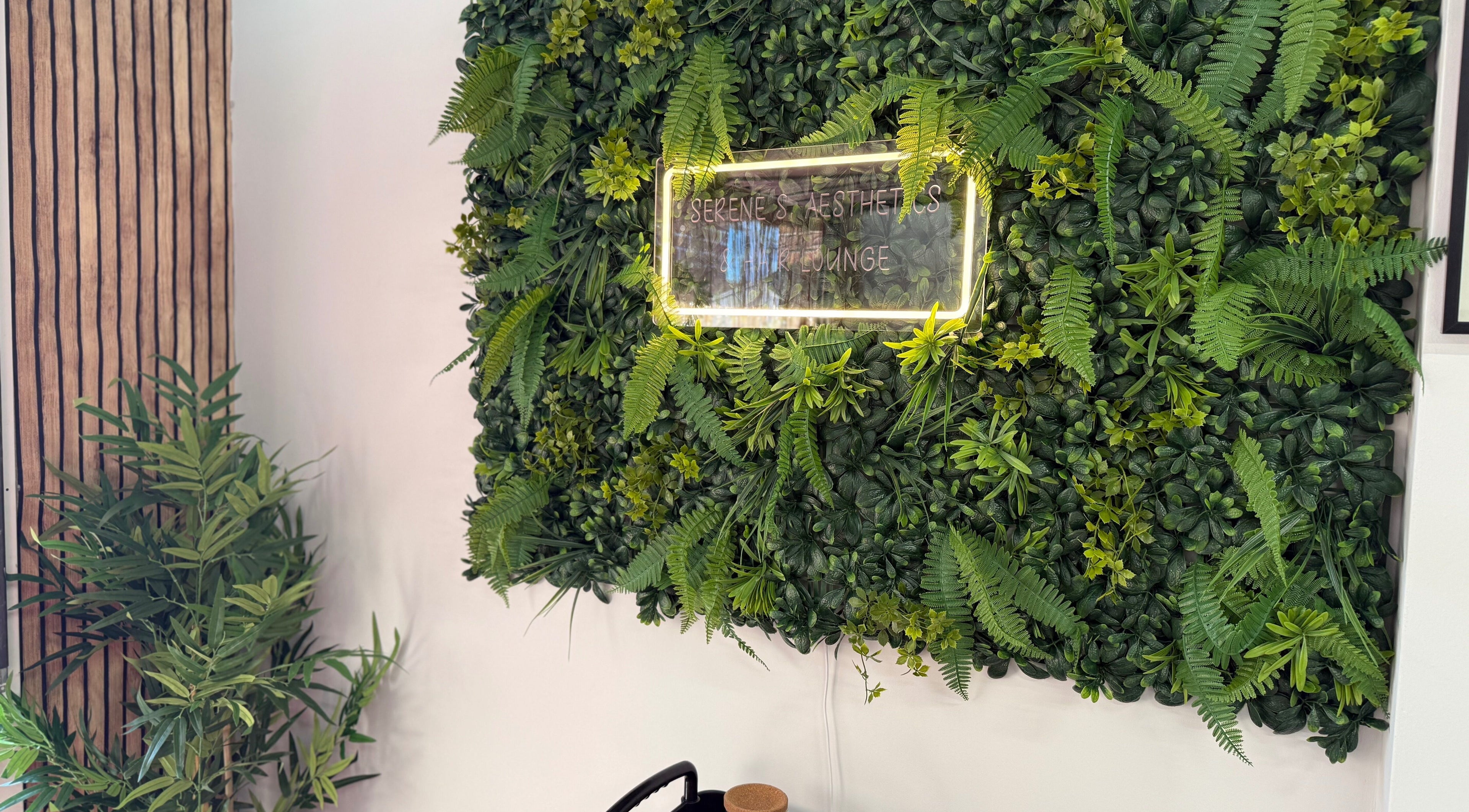 Vertical garden wall at Serene S. Esthetics & Hair Lounge, Newport, Wales, GB, enhancing the tranquil ambiance.