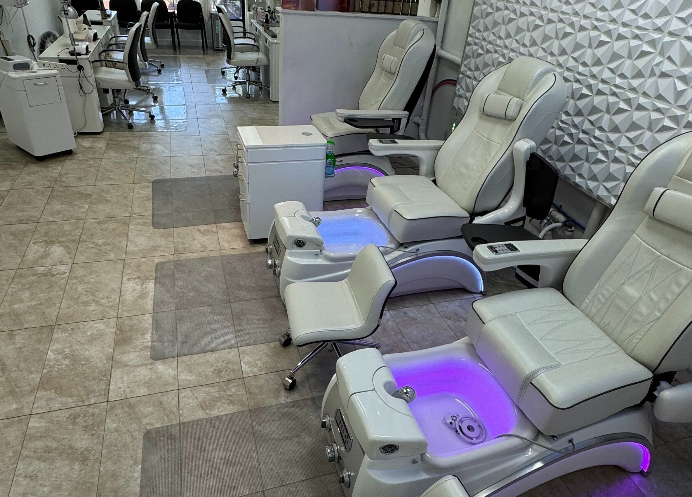 Luxurious spa chairs at New Tek Nails in Manchester Township, New Jersey, US, ready for a relaxing experience.