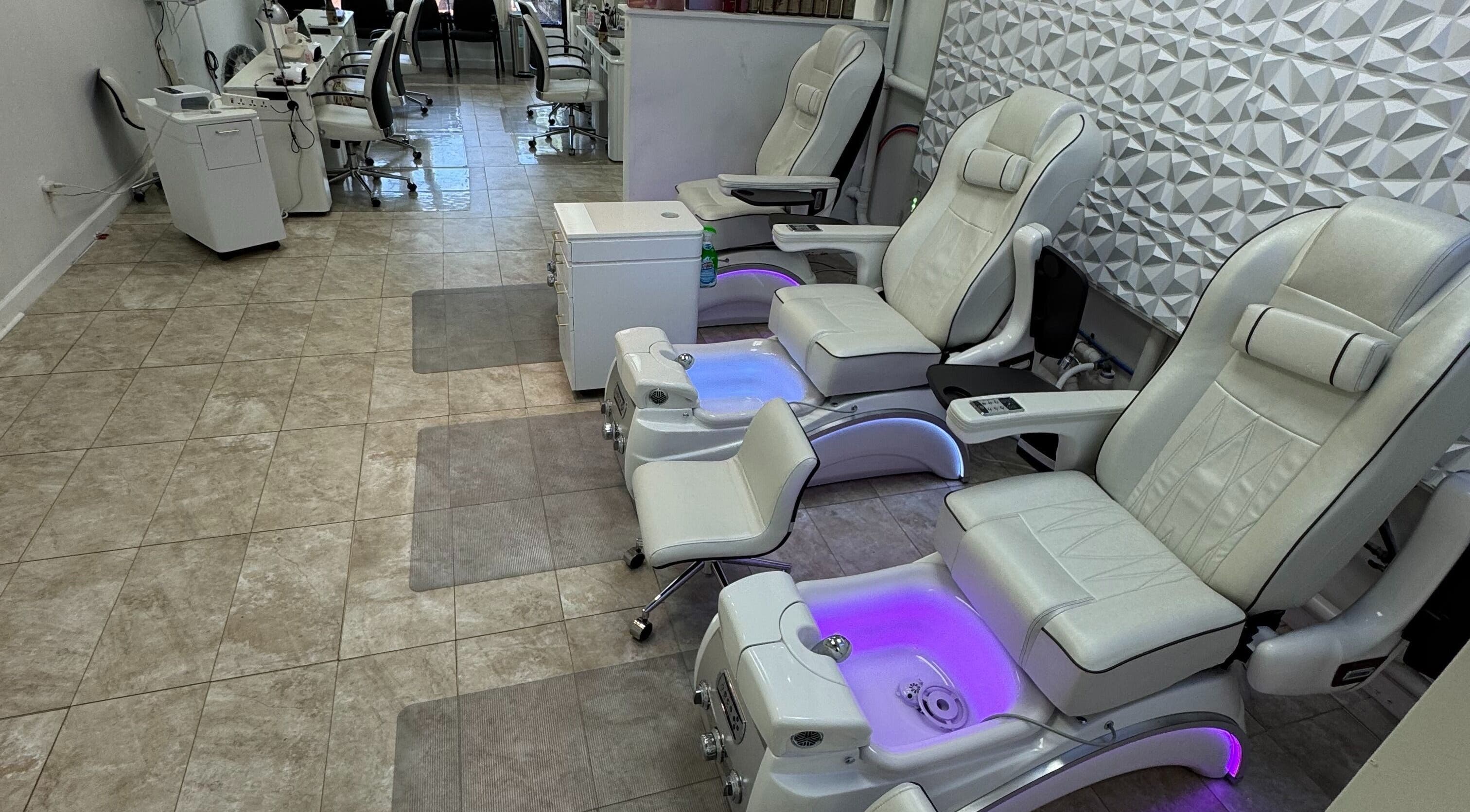 Luxurious spa chairs at New Tek Nails in Manchester Township, New Jersey, US, ready for a relaxing experience.
