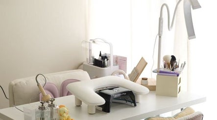 Modern nail workstation at umi nails studio, Ontario, California, US, featuring stylish equipment and decor.
