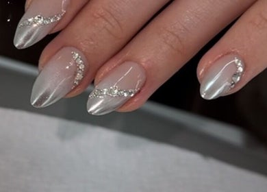 Close-up of elegant rhinestone nail art at Nailspa, Singapore, SG.