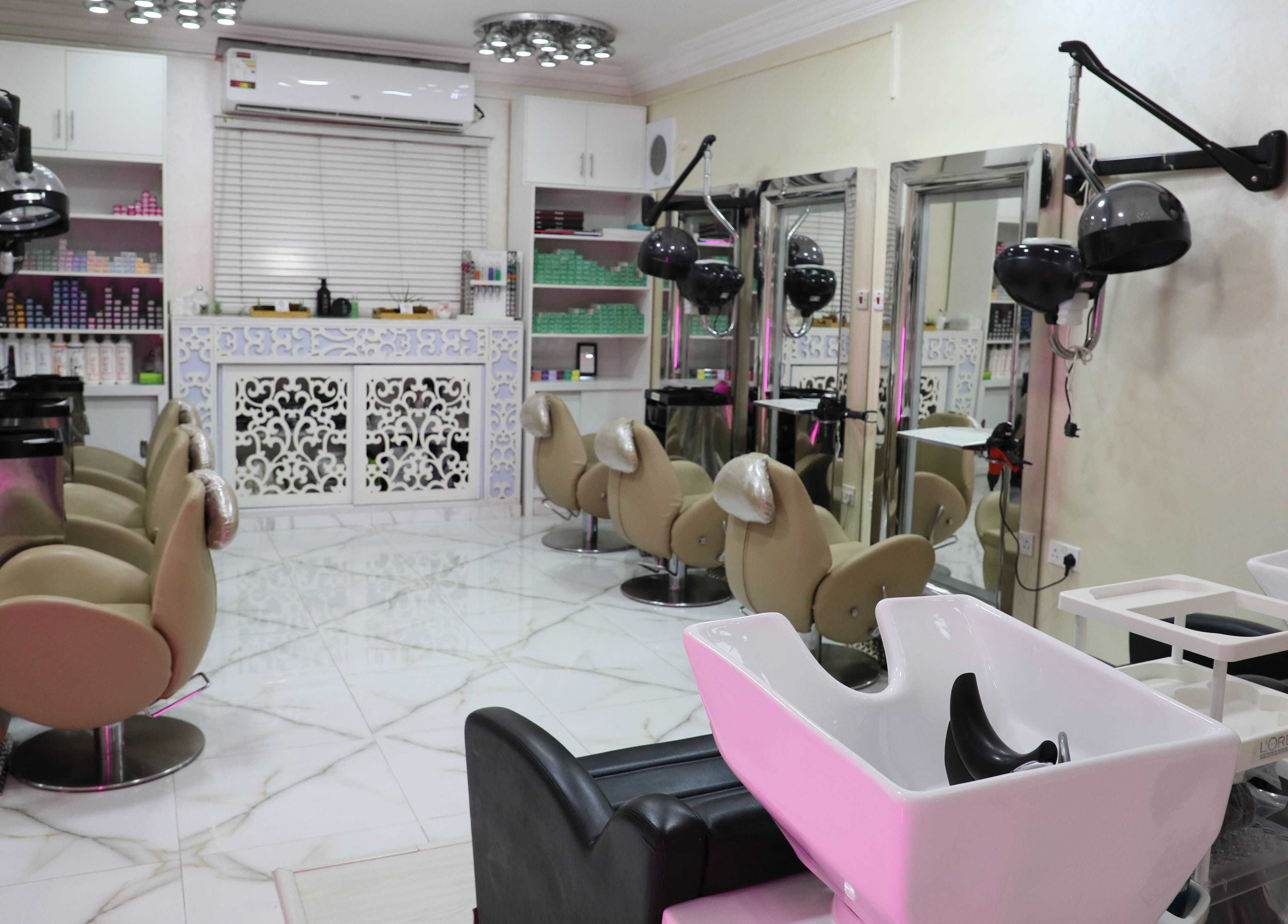 Modern salon inside Lamsat Magribyah Beauty Center, Doha, Al Rayyan Municipality, QA, with stylish seating.