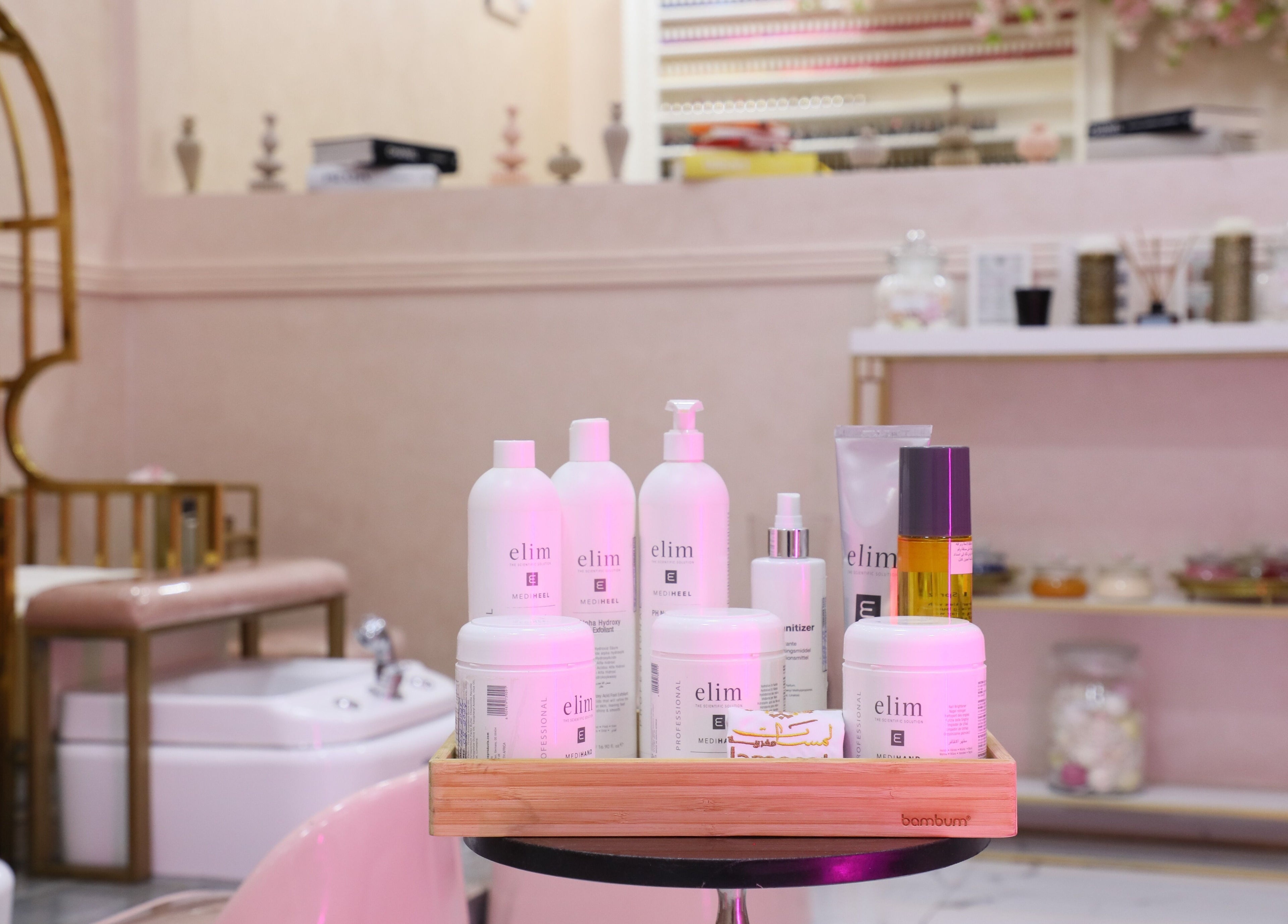 Lamsat Magribyah Beauty Center in Doha showcases premium skincare products elegantly displayed.