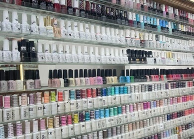 A colorful nail polish display at King Nails, Hampton Wick, England, GB offers a wide selection.