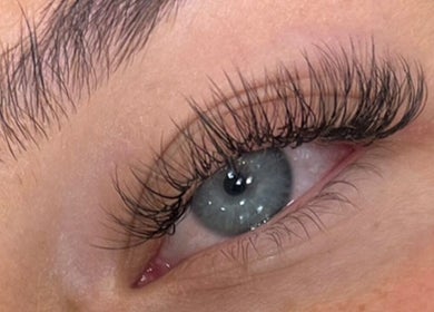 Close-up of lash extensions at Aura Beauty - Norbury, enhancing eye beauty in London, England, GB.