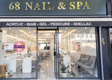 Exterior of 68 Nail & Spa near Aura Beauty - Oval, offering acrylic and gel services in London, England, GB.