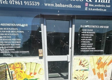 Front view of B&B M AESTHETICS AND HAIR in Southall, England, showcasing services offered.