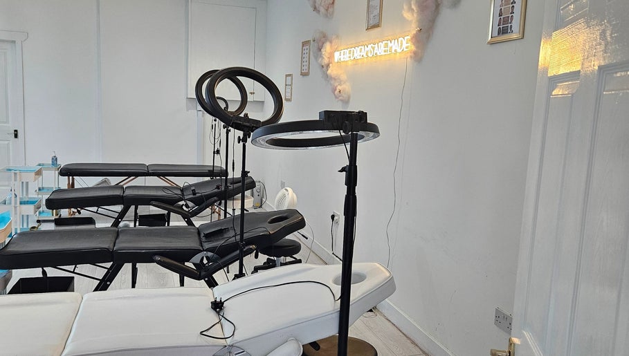 Modern beauty treatment room at The Sublime Curve of Beauty, Stockport, England, GB with sleek equipment.