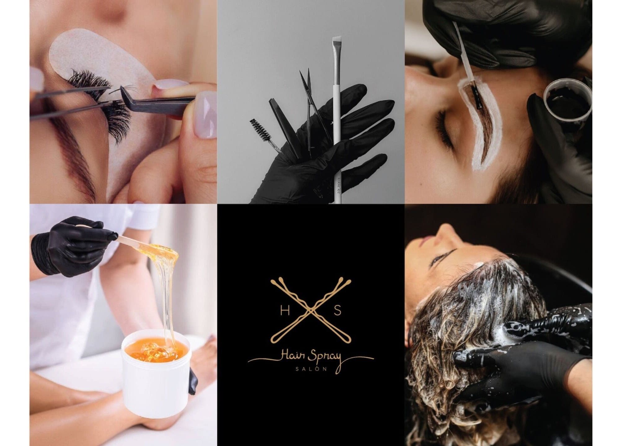 Collage showcasing beauty services at Hair Spray Home Service - Riyadh, Riyadh, SA. Includes brow tinting and waxing.