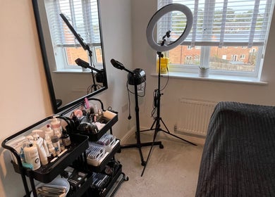Taylormadecosmeticsuk beauty room setup with makeup and tools in Mirfield, England, GB.