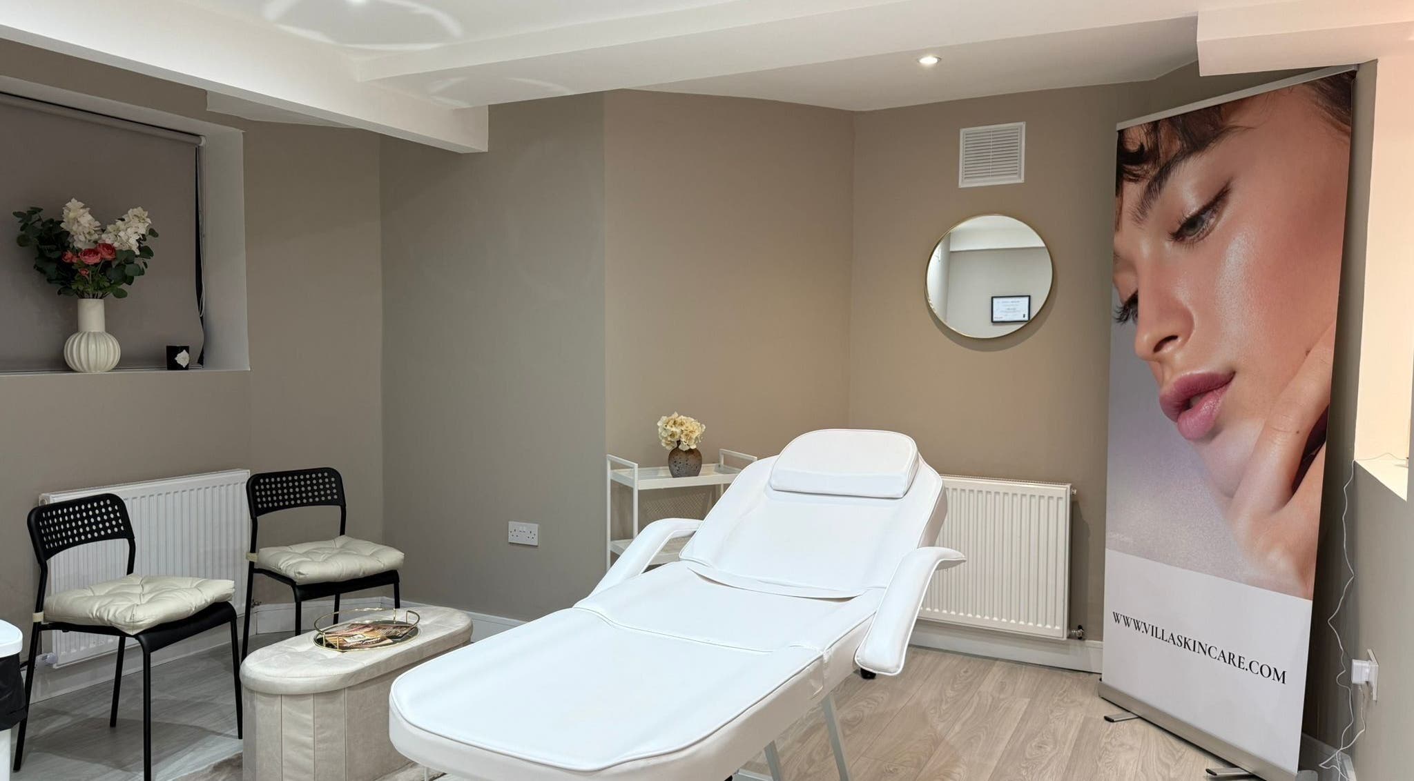 Modern beauty treatment room at Taylormadecosmeticsuk, Huddersfield, England, GB, featuring a reclining chair.