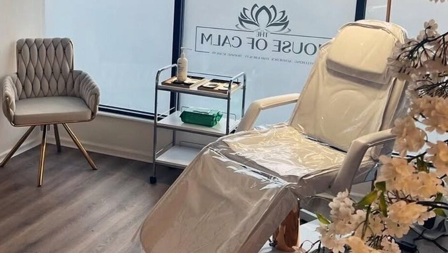 Relaxing spa treatment room at The House Of Calm in South Shields, England, GB featuring a comfortable chair.