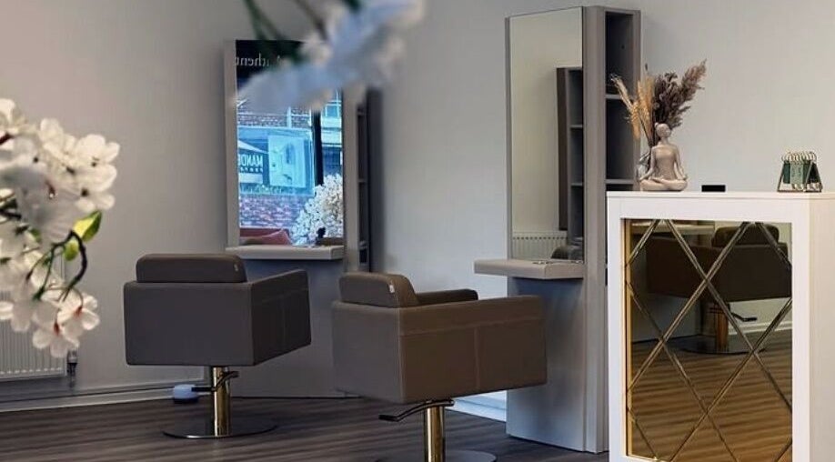 Modern salon interior at The House Of Calm, South Shields, England, GB featuring sleek chairs and calming decor.