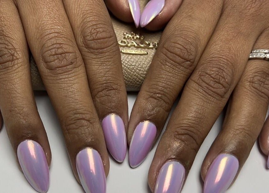 Elegant iridescent nails displayed at Narineh, Burbank, California, US.